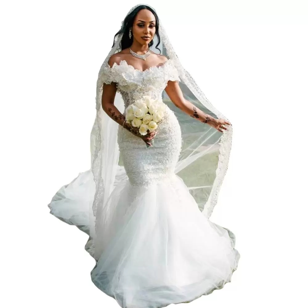2023 New White Off Shoulder Wedding Dress Lace Pearls Beads Mermaid Tiered Ruffles Robe De Soiree Turkish Couture Dubai BC111610 0104