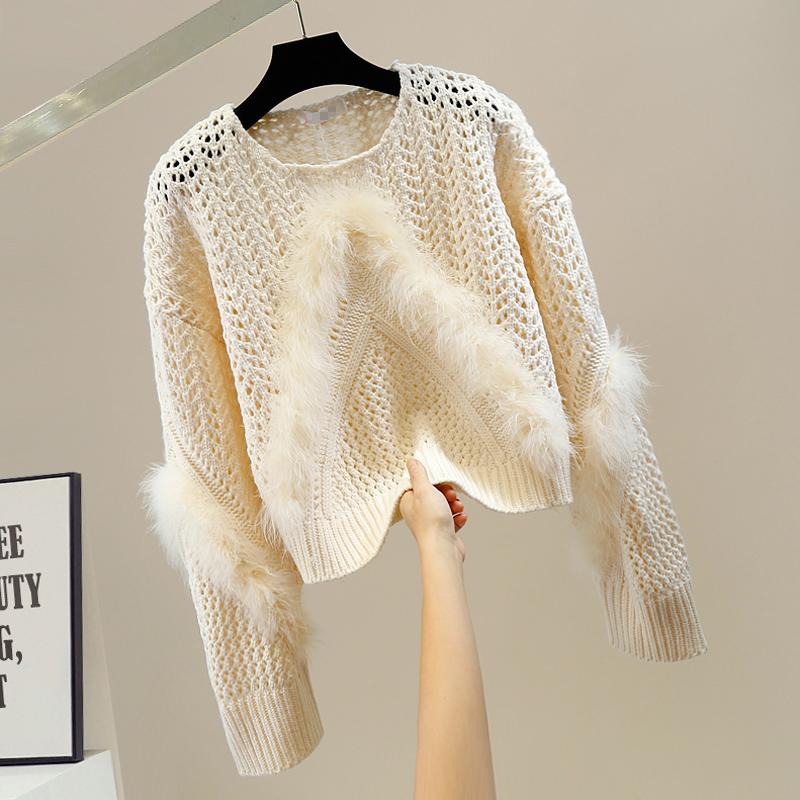 Womens Sweaters Lazy Sweet Furry Stitching Sweater Hollow Out O-neck Pullover Top For Women Fall Elegant Woman Thin Girls Knitted Shirt