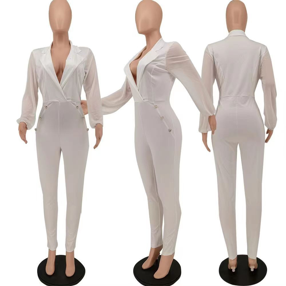 Fall Winter long sleeve Jumpsuits Women Bodycon Rompers 2XL Solid Turn-down Collar Jumpsuits One Piece Outfits Skinny Overalls leggings Casual Streetw