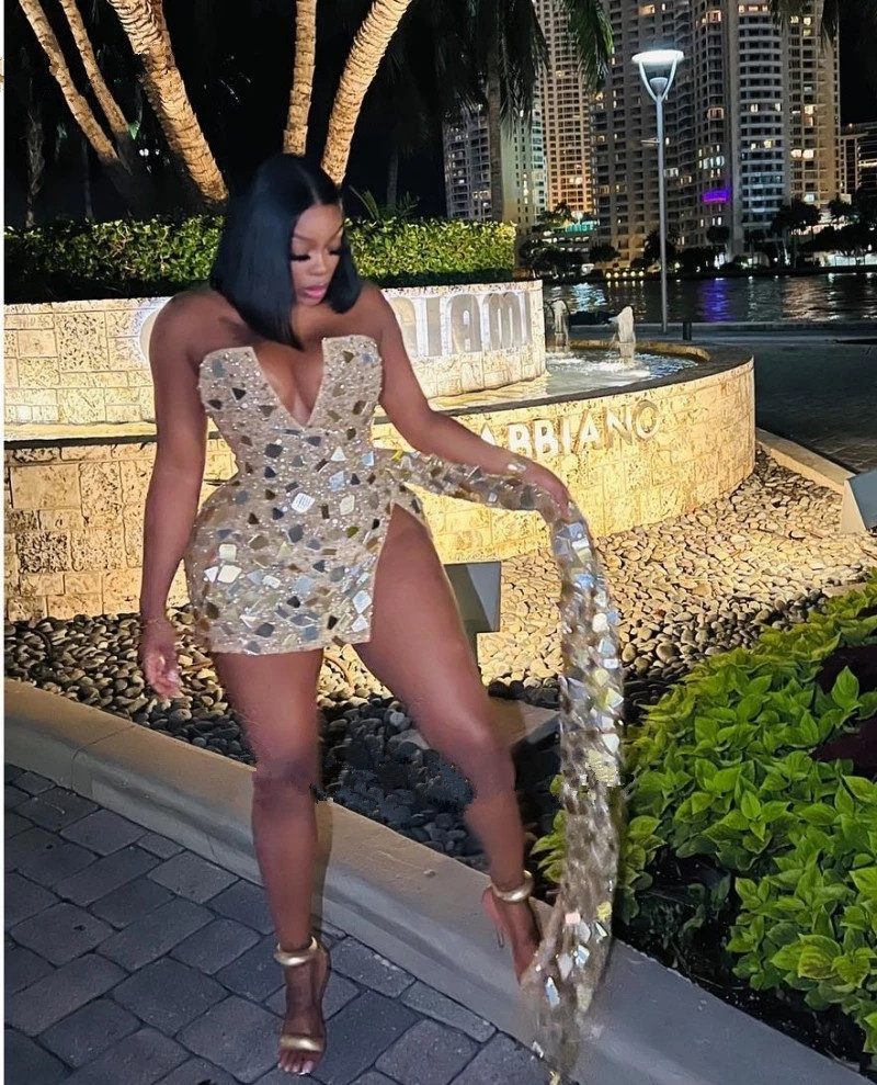 Sparkle Crystal mirror Party prom Dresses vestidos de gala Short evening Gowns Black Girls Birthday Cocktail Wear