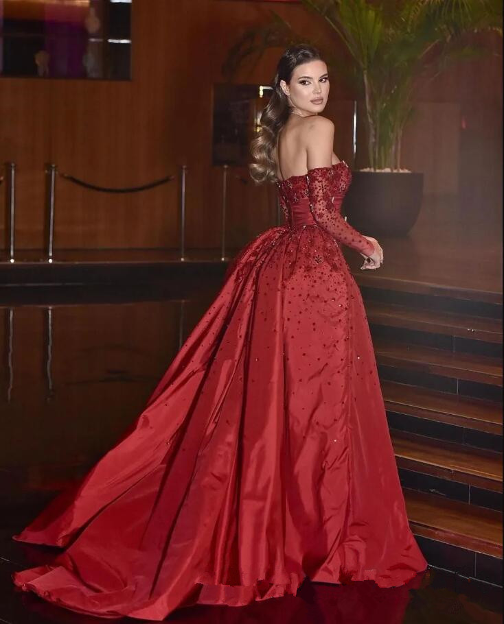 Red Luxury Mermaid Princess Evening Dresses with Detachable Train Off Shoulder Long Sleeve Gillter 3D Floral Arabic Prom Gown