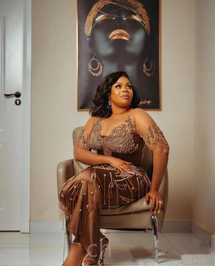 Arabic Aso Ebi Brown Luxurious Evening Dresses Lace Beaded Crystals Illusion Long Sleeve Mermaid Prom Occasion Gown