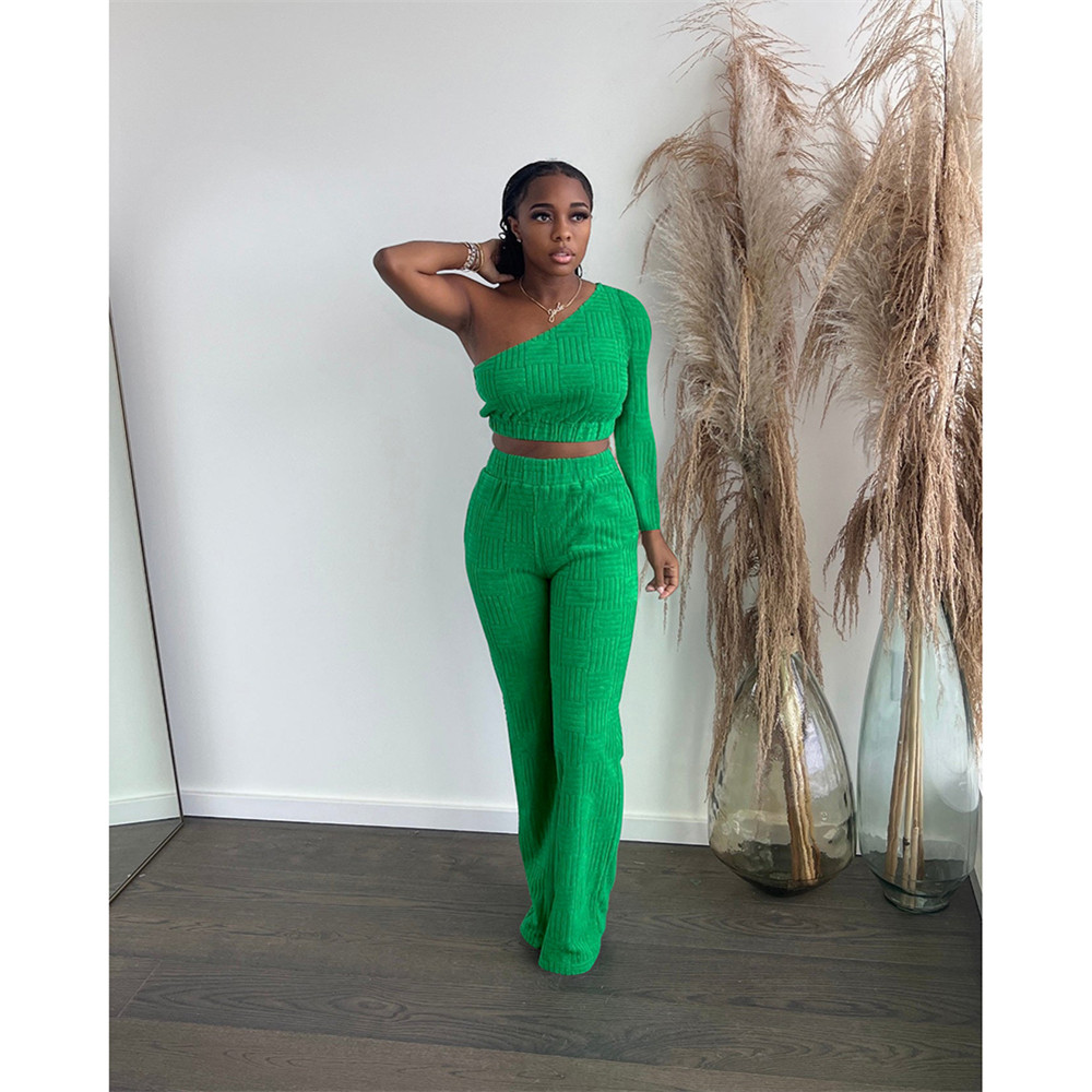 Bulk Wholesale Towel Outfits Women Tracksuits Two Piece Sets Long Sleeve One Shoulder Crop Top and Pants Matching Sets Autumn Clothes Fashion Streetwe