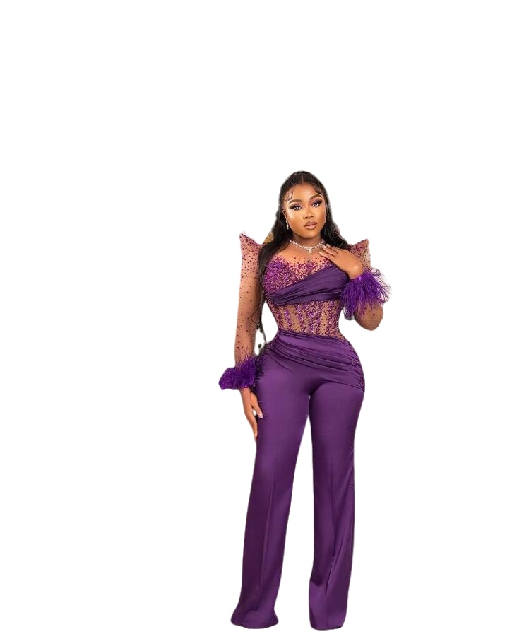 Arabic Aso Ebi Purple Jumpsuits Prom Dresses Beaded Feather Illusion Long Sleeve African Evening Gown with Pant Suit Plus Size
