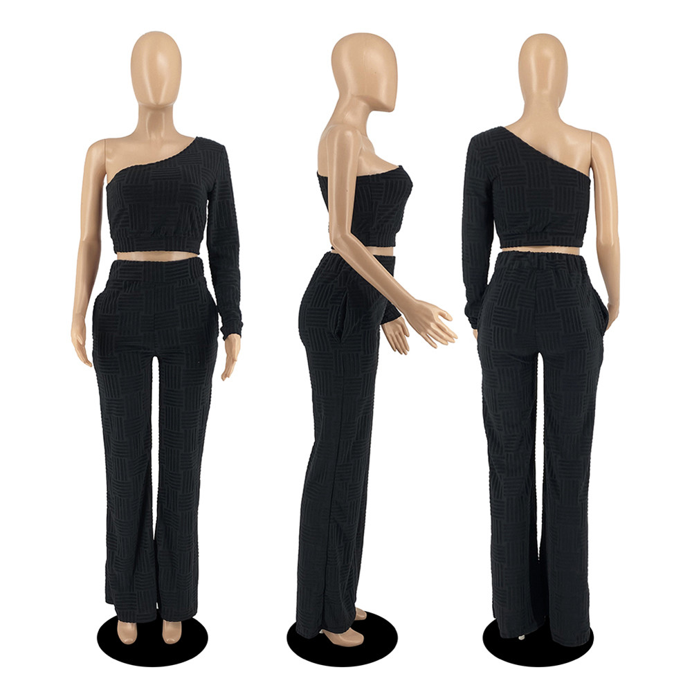 Bulk Wholesale Towel Outfits Women Tracksuits Two Piece Sets Long Sleeve One Shoulder Crop Top and Pants Matching Sets Autumn Clothes Fashion Streetwe