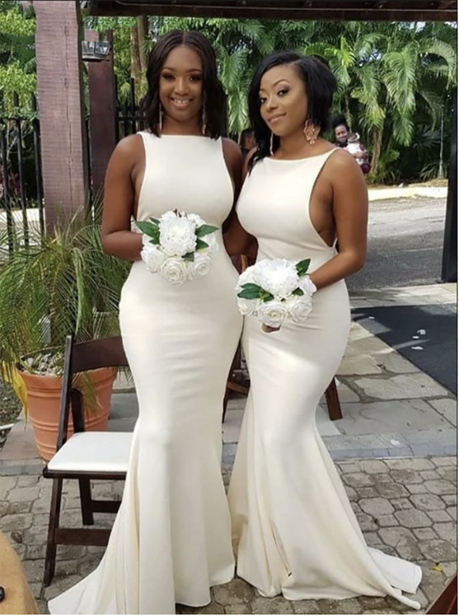 Sexy Mermaid Bridesmaid Dresses Sleeveless Scoop White Satin Long African Black Girls Wedding Party Dress Women Formal Gown