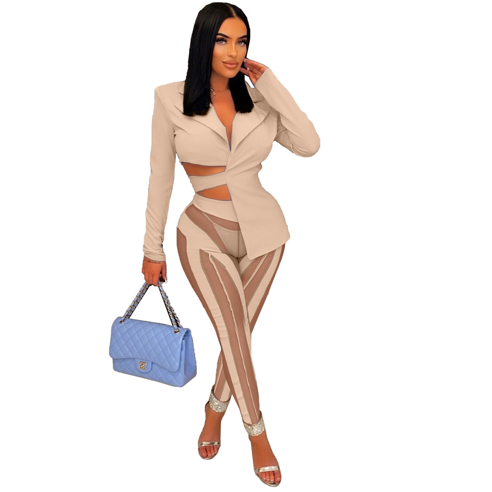Fall Winter Clothes Women Tracksuits Long Sleeve Office Lady Jacket Top and Mesh Patchwork Pants Two Piece Sets Female Business Suits Fashion Streetwe