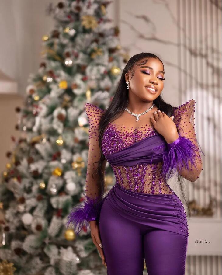 Arabic Aso Ebi Purple Jumpsuits Prom Dresses Beaded Feather Illusion Long Sleeve African Evening Gown with Pant Suit Plus Size
