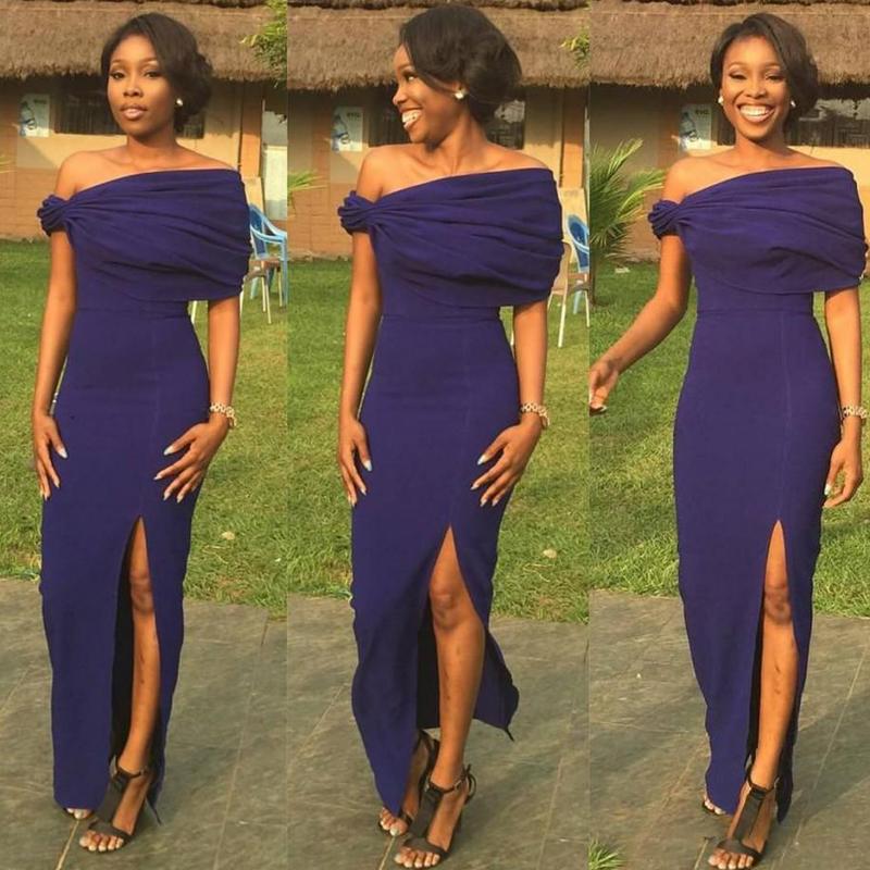 Navy Blue Mermaid Bridesmaid Dresses Off The Shoulder Side Slit Floor Length Chiffon Ruched Sleeveless Satin Custom Made Plus Size Maid Of Honor Gowns