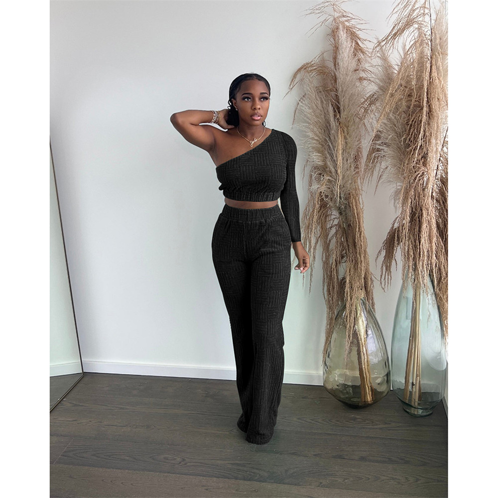 Bulk Wholesale Towel Outfits Women Tracksuits Two Piece Sets Long Sleeve One Shoulder Crop Top and Pants Matching Sets Autumn Clothes Fashion Streetwe