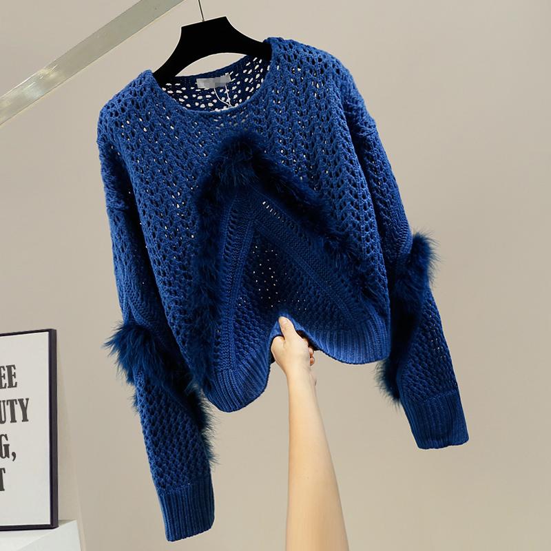 Womens Sweaters Lazy Sweet Furry Stitching Sweater Hollow Out O-neck Pullover Top For Women Fall Elegant Woman Thin Girls Knitted Shirt