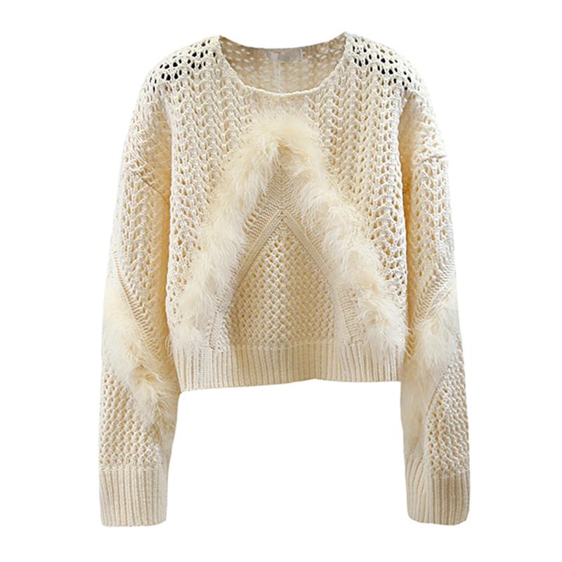 Womens Sweaters Lazy Sweet Furry Stitching Sweater Hollow Out O-neck Pullover Top For Women Fall Elegant Woman Thin Girls Knitted Shirt