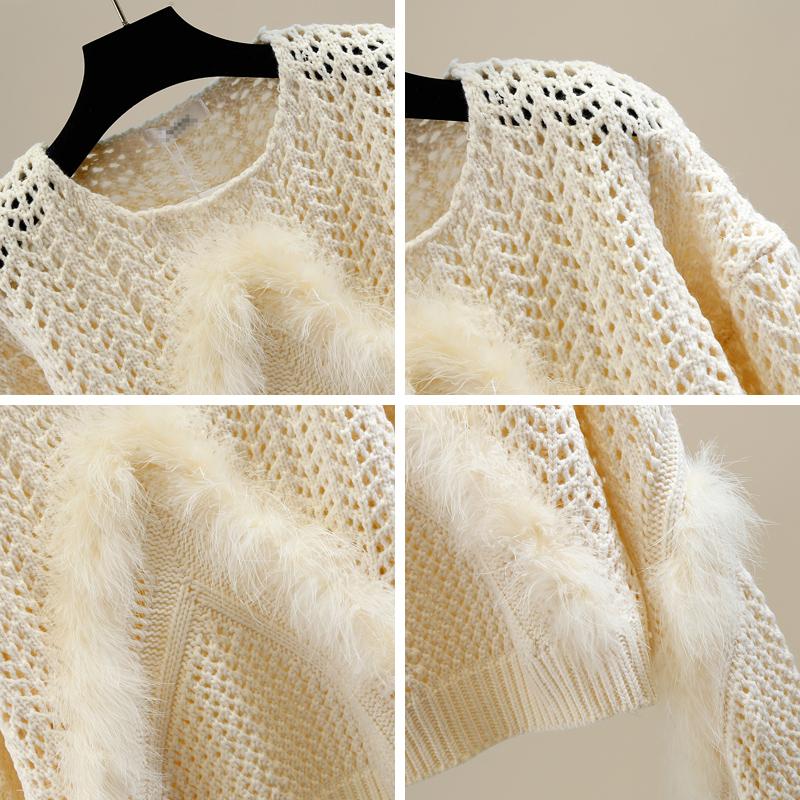 Womens Sweaters Lazy Sweet Furry Stitching Sweater Hollow Out O-neck Pullover Top For Women Fall Elegant Woman Thin Girls Knitted Shirt