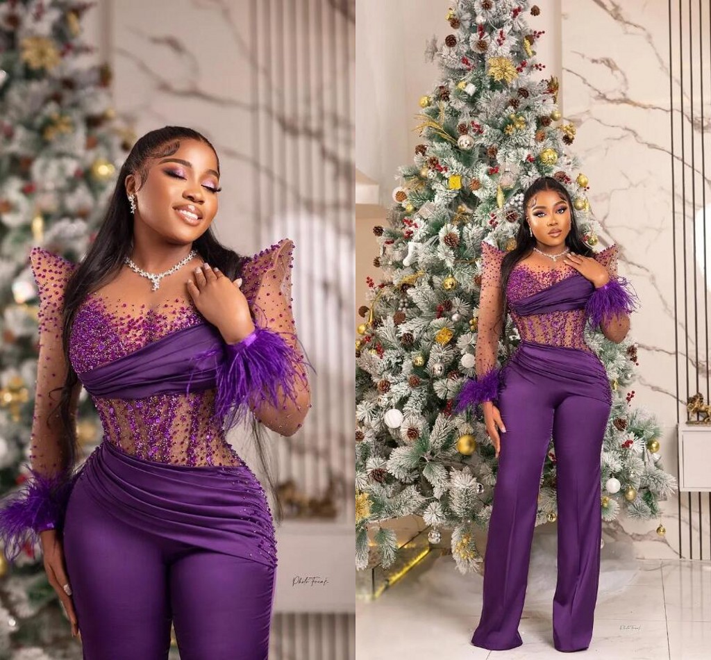 Arabic Aso Ebi Purple Jumpsuits Prom Dresses Beaded Feather Illusion Long Sleeve African Evening Gown with Pant Suit Plus Size