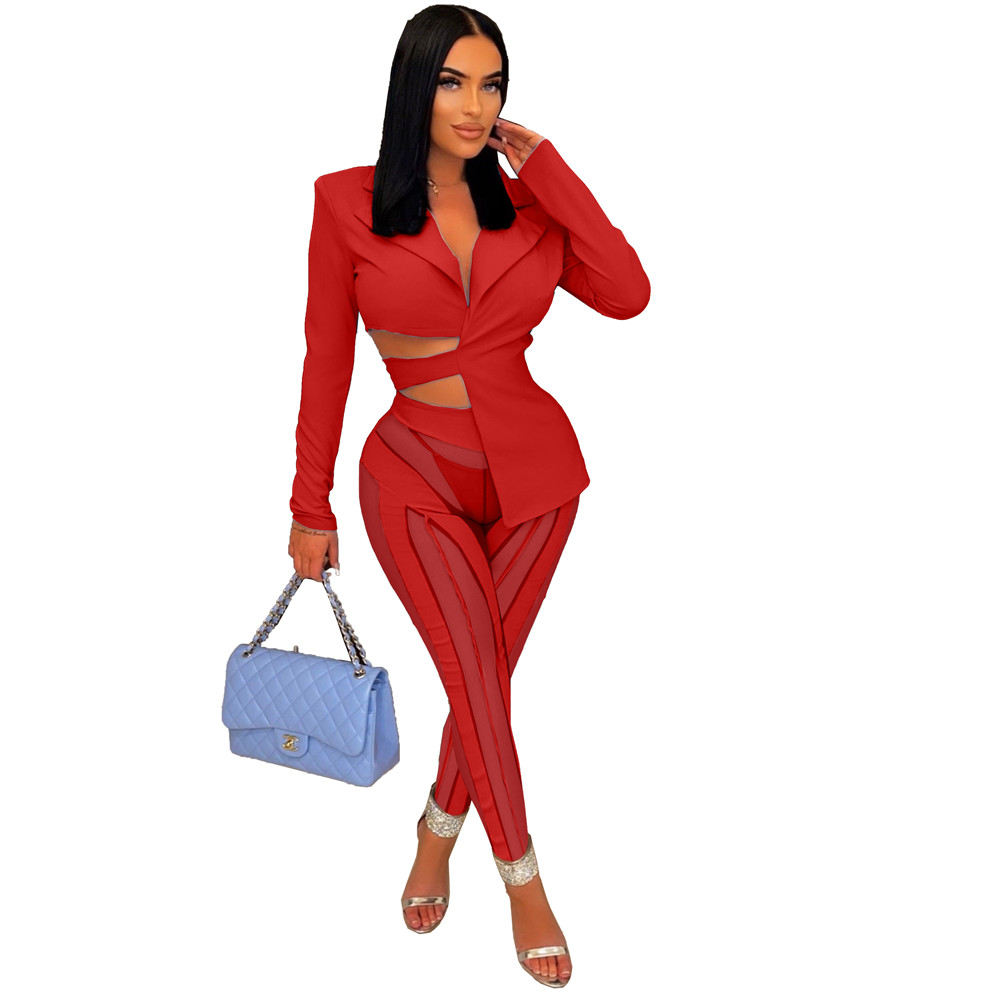 Fall Winter Clothes Women Tracksuits Long Sleeve Office Lady Jacket Top and Mesh Patchwork Pants Two Piece Sets Female Business Suits Fashion Streetwe