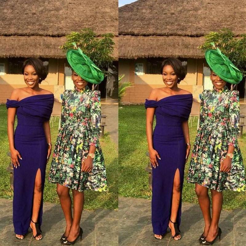 Navy Blue Mermaid Bridesmaid Dresses Off The Shoulder Side Slit Floor Length Chiffon Ruched Sleeveless Satin Custom Made Plus Size Maid Of Honor Gowns