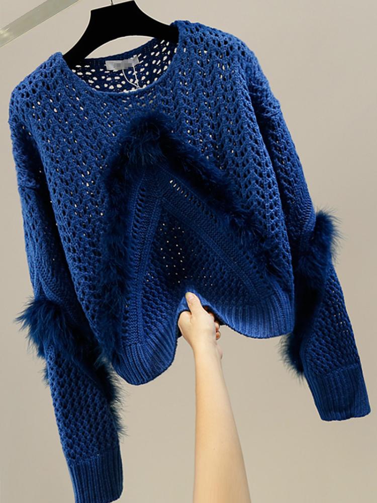 Womens Sweaters Lazy Sweet Furry Stitching Sweater Hollow Out O-neck Pullover Top For Women Fall Elegant Woman Thin Girls Knitted Shirt