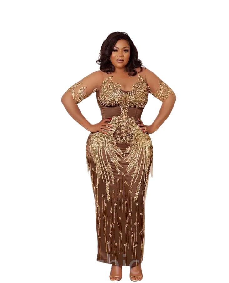 Arabic Aso Ebi Brown Luxurious Evening Dresses Lace Beaded Crystals Illusion Long Sleeve Mermaid Prom Occasion Gown