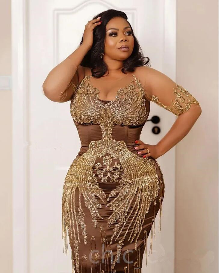 Arabic Aso Ebi Brown Luxurious Evening Dresses Lace Beaded Crystals Illusion Long Sleeve Mermaid Prom Occasion Gown