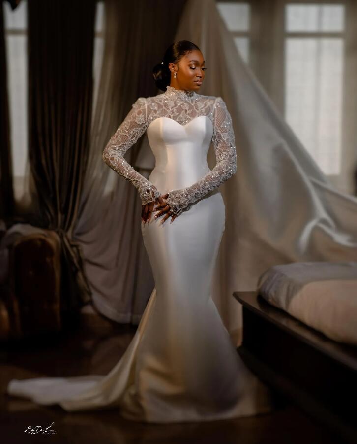 Two Pieces African Mermaid Wedding Dresses with Detachable Train Puffy Skirt High Neck Royal Bridal Gowns Vestido De Novia