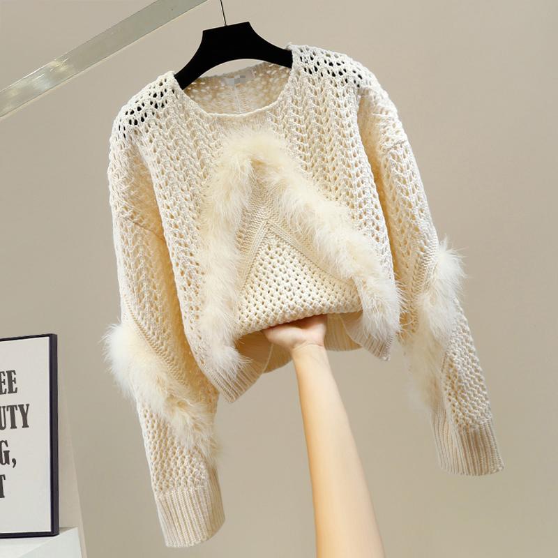 Womens Sweaters Lazy Sweet Furry Stitching Sweater Hollow Out O-neck Pullover Top For Women Fall Elegant Woman Thin Girls Knitted Shirt