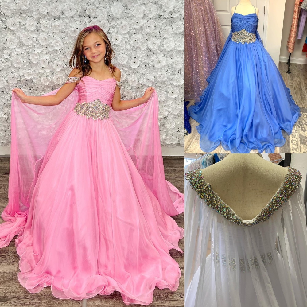 Periwinkle Girl Pageant Dress 2023 Off-Shoulder Cape Crystals Chiffon Little Kid Birthday Formal Party Gown Infant Toddler Teens Preteen Tiny Young Ju
