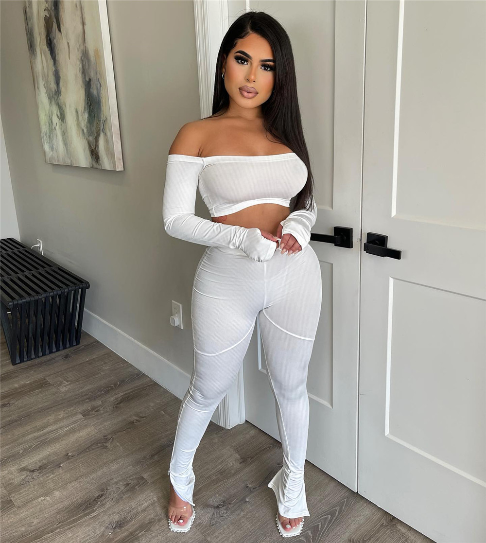 Wholesale Tracksuits Women Two Piece Sets Fall Winter Ribbed Outfits Long Sleeve Slash Neck Pullover Crop Top and Pants Matching Sets Casual Solid Spo