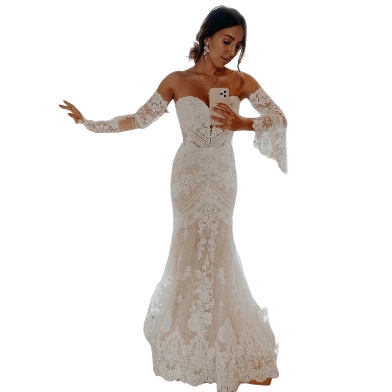 Boho beach Mermaid Wedding Dresses 2023 retro crochet Lace Appliques Detachable Sleeves Bohemian Bridal Gowns Vestido Novia Sirena