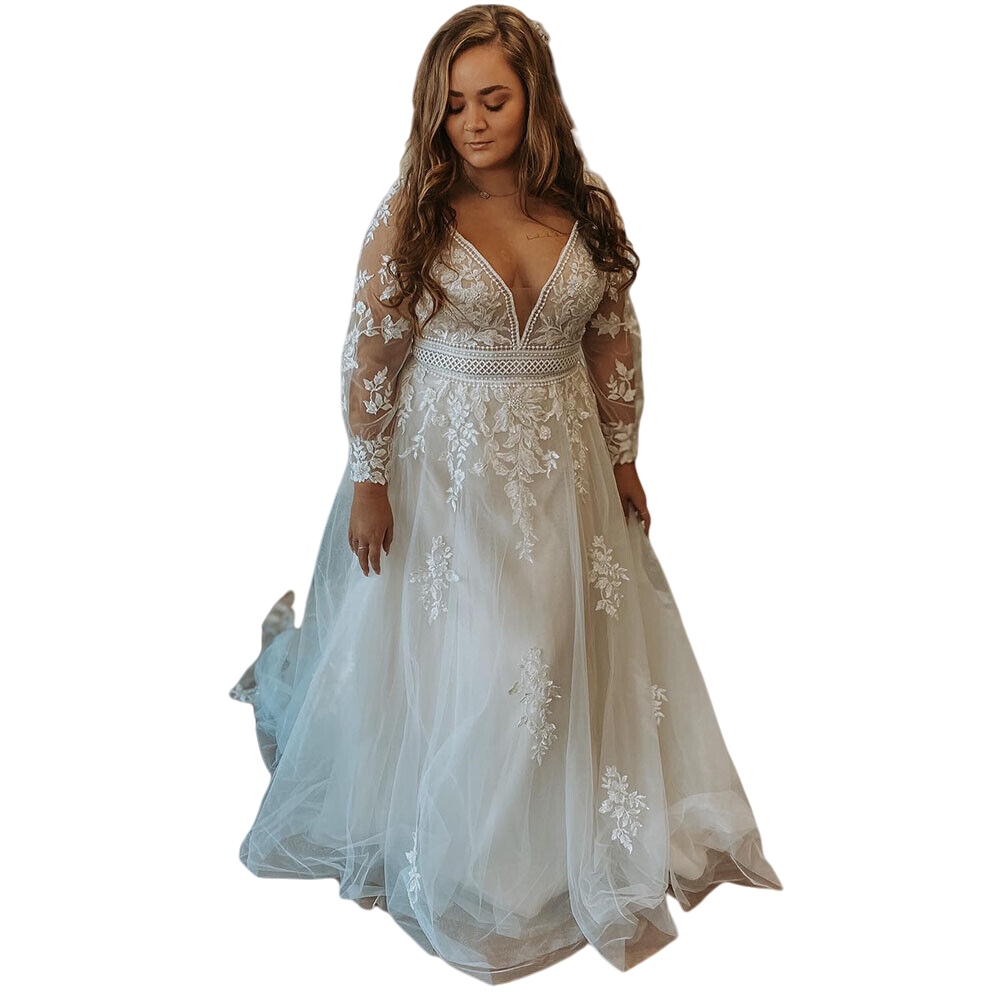 Plus Size Princess A-Line Wedding Dresses with Long Sleeve 2023 Lace Applique Floral Cathedral Train County Boho Bridal Gowns Vestidos de novia