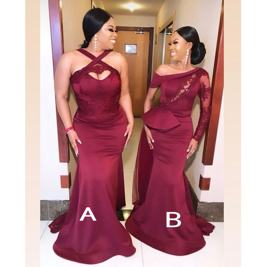 Fashion Burgundy Mermaid Bridesmaid Dresses Lace Appliques Long Wedding Party Dress African Prom Formal Gown vestidos
