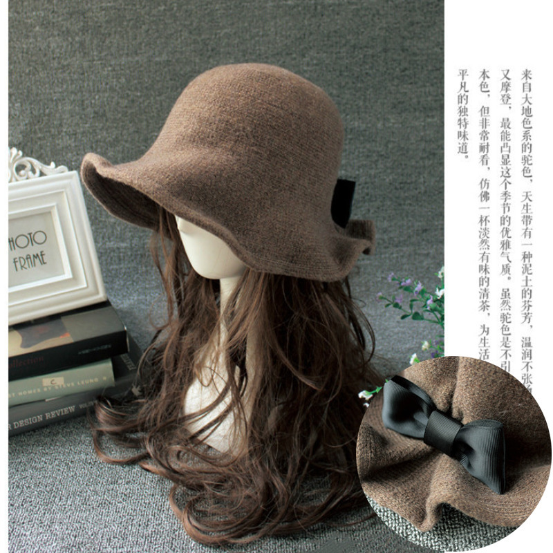 Wide Brim Hats Bucket Vintage Wool Ladies Bowler Fashion Bows Basin Fisherman Woman Winter Black Coffee Dark Camel 230105