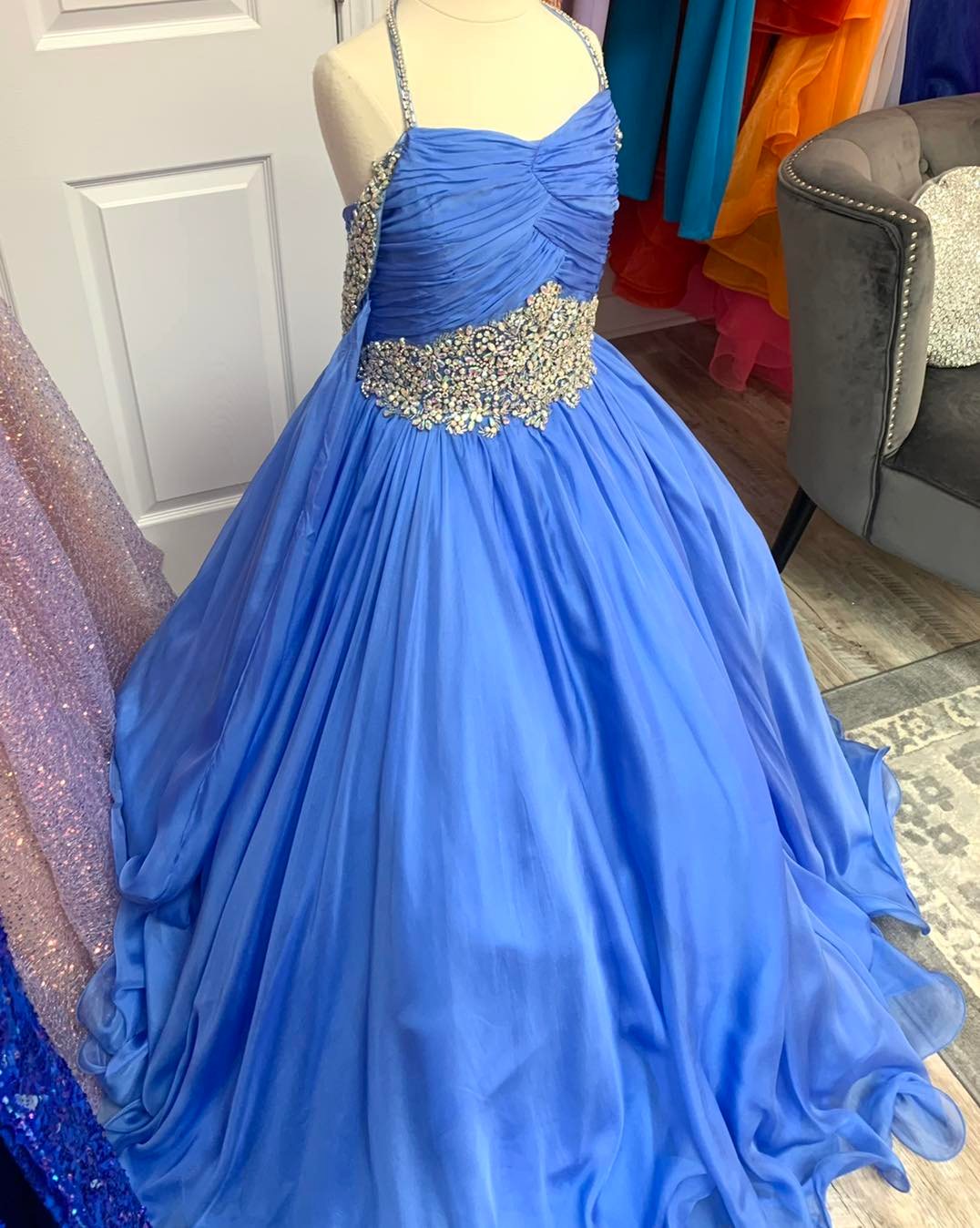 Periwinkle Girl Pageant Dress 2023 Off-Shoulder Cape Crystals Chiffon Little Kid Birthday Formal Party Gown Infant Toddler Teens Preteen Tiny Young Ju