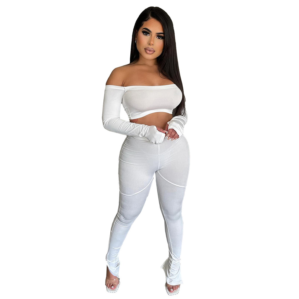 Wholesale Tracksuits Women Two Piece Sets Fall Winter Ribbed Outfits Long Sleeve Slash Neck Pullover Crop Top and Pants Matching Sets Casual Solid Spo