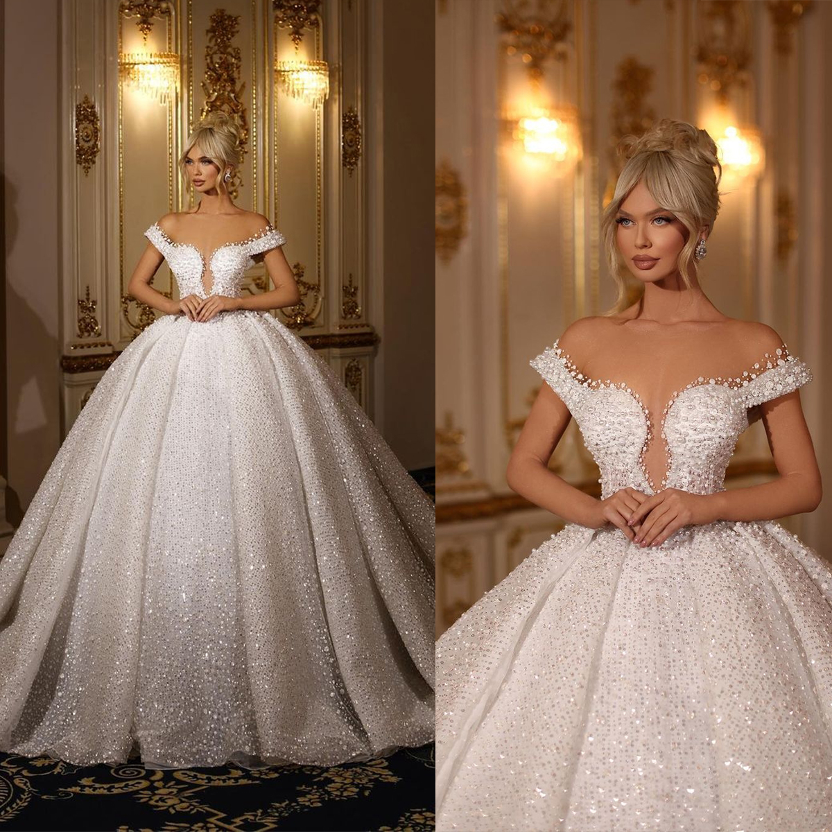 Glamorous Ball Gown Wedding Dresses Unique Design Neck Off the Shoulder with Pearls Whole Sequins Backless Floor Length Custom Made Plus Side Vestidos