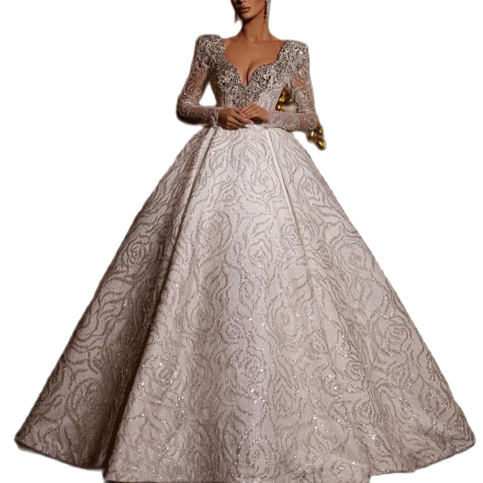 Fashion Wedding Dresses Ball Gowns urious V Neck Full Sleeve Bridal Dress Custom Made Beaded Sequined Lace Gown