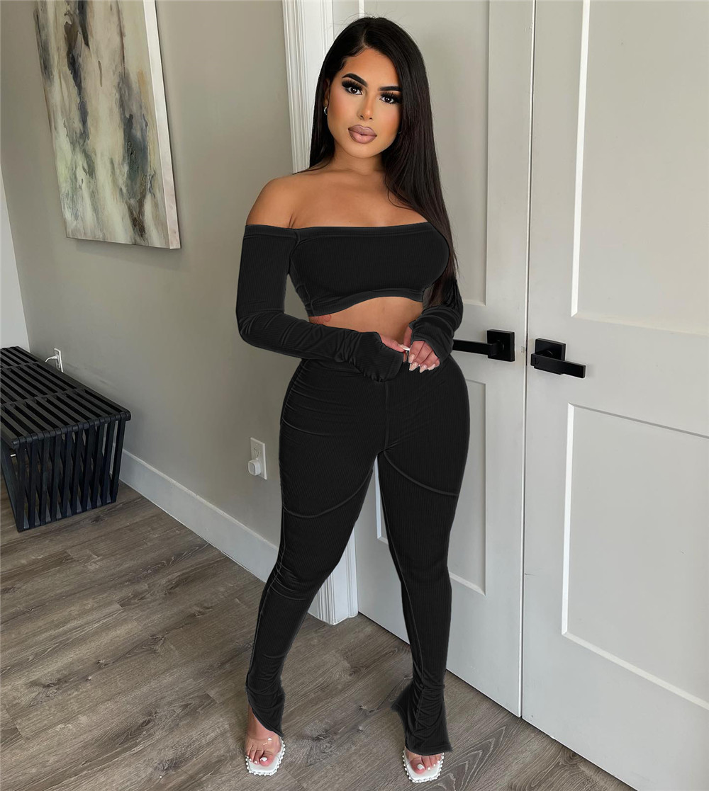Wholesale Tracksuits Women Two Piece Sets Fall Winter Ribbed Outfits Long Sleeve Slash Neck Pullover Crop Top and Pants Matching Sets Casual Solid Spo