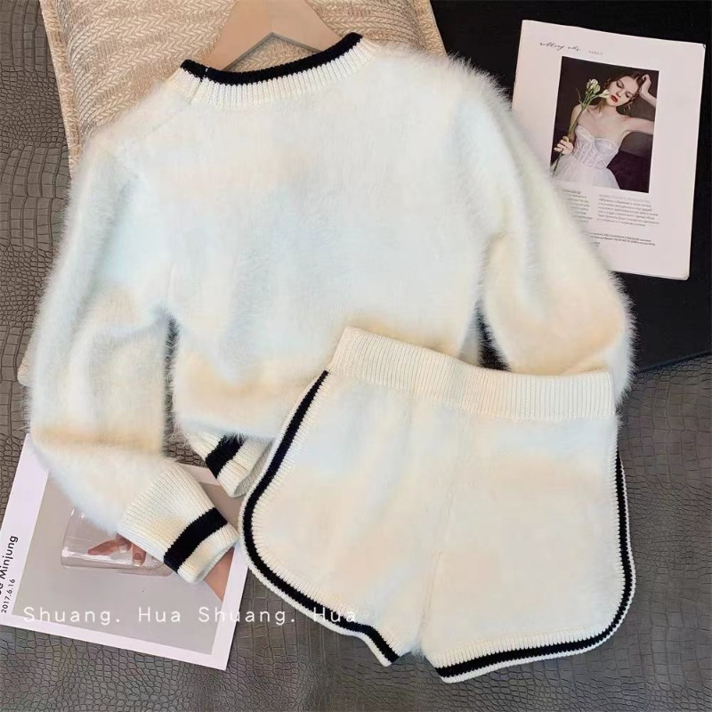 Women's Two Piece Pants Elastic Casual Wide Leg Shorts Letter O Neck Short White Sweater Women Autumn 2 Sets Pullovers Tops Print Striped 230106