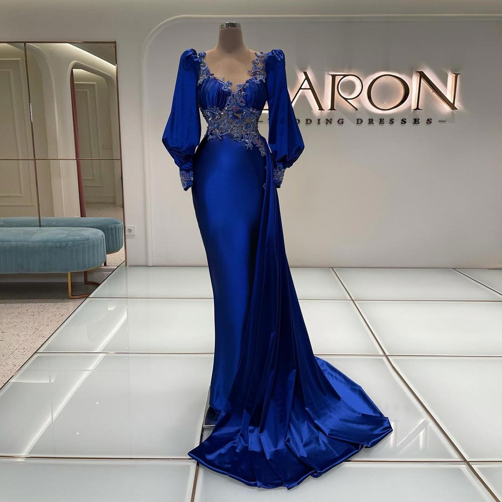Royal Blue Appliqued Mermaid Prom Dresses V Neckline Beaded Evening Gowns Long Sleeves Sweep Train Satin Overskirt Formal Dress, Same as picture
Royal Blue Appliqued Mermaid Prom Dresses V Neckline Beaded Evening Gowns Long Sleeves Sweep Train Satin Overskirt Formal Dress, Same as picture