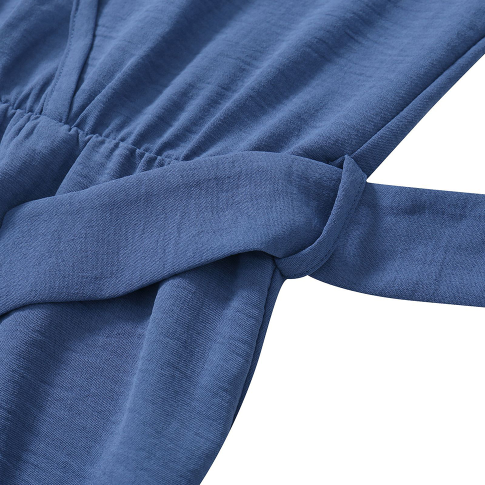 Summer Women Jumpsuit Casual Solid Color V Neck Baggy Long Sleeve Waist Tie Ruffle Hem Short Mini Dress Romper