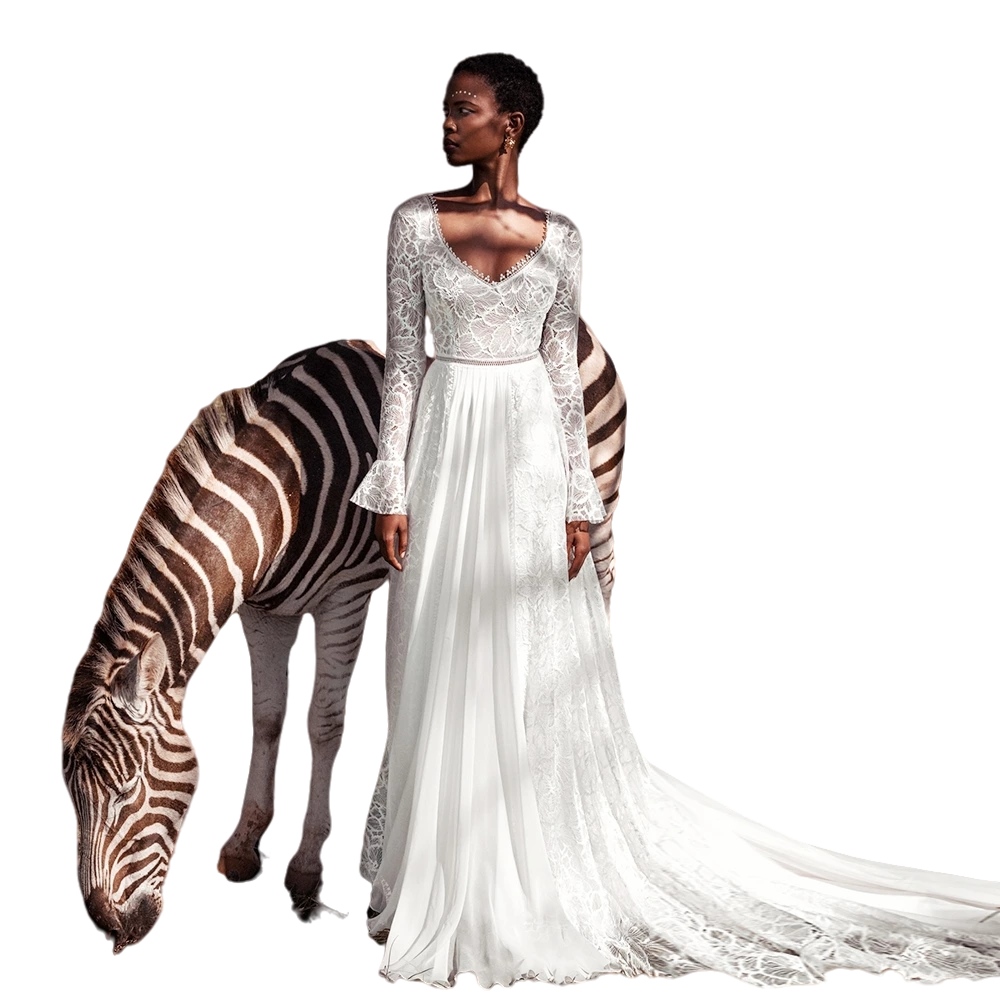 Long Sleeve Bohemian Beach A-LINE Wedding Dresses 2023 Crochet Lace Floral Backless Sweep Train Country Boho Bridal Gowns