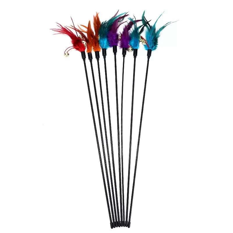 Cat Toys Feather Kitten Teaser Turkey Feathers Interactive Stick Toy Wire Chaser Wand Random Color