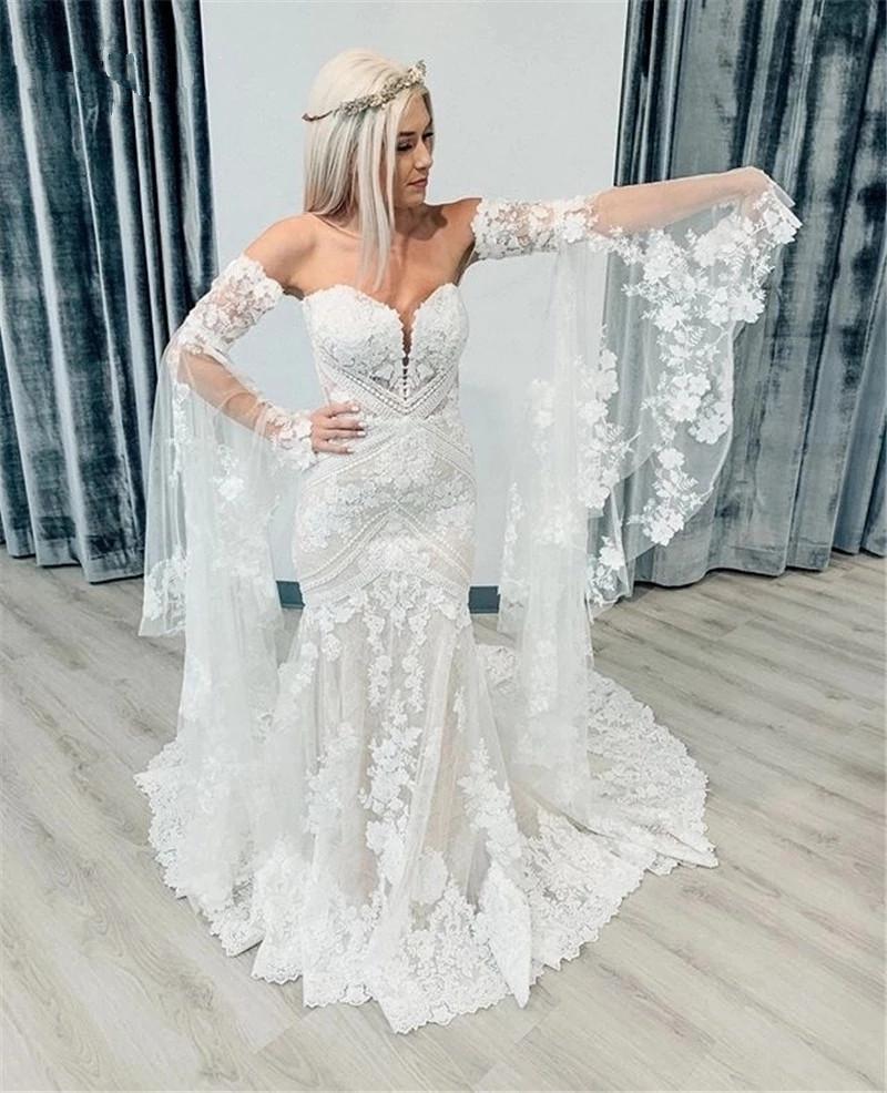 Boho beach Mermaid Wedding Dresses 2023 retro crochet Lace Appliques Detachable Sleeves Bohemian Bridal Gowns Vestido Novia Sirena