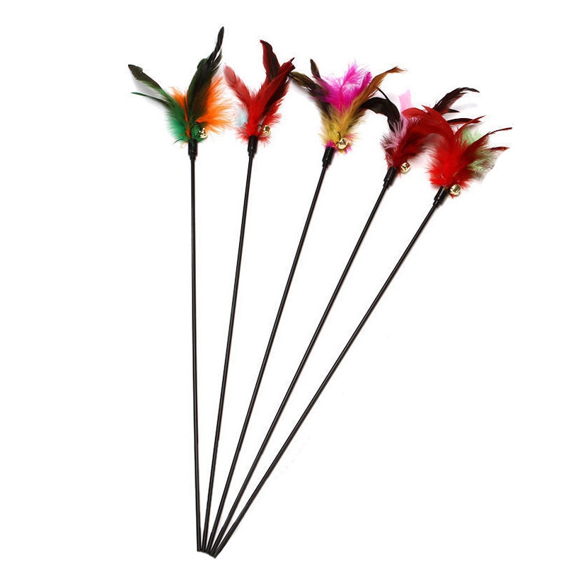 Cat Toys Feather Kitten Teaser Turkey Feathers Interactive Stick Toy Wire Chaser Wand Random Color