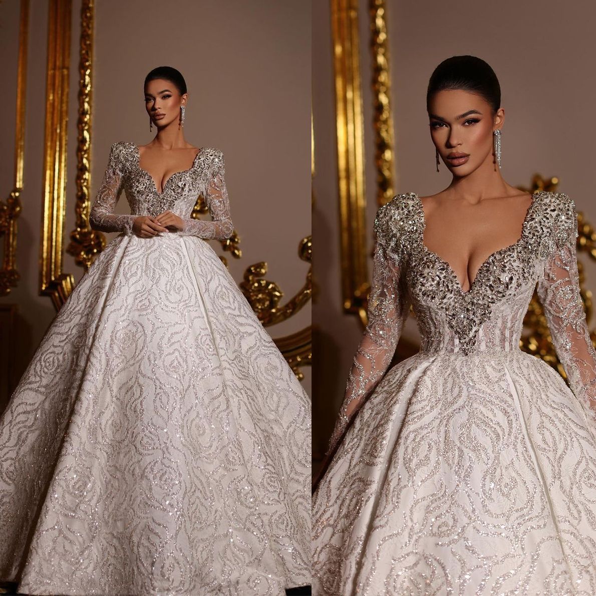 Fashion Wedding Dresses Ball Gowns urious V Neck Full Sleeve Bridal Dress Custom Made Beaded Sequined Lace Gown