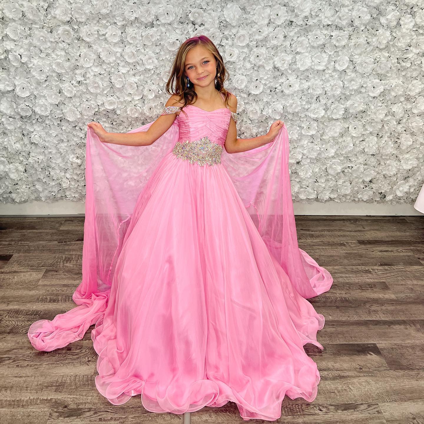 Periwinkle Girl Pageant Dress 2023 Off-Shoulder Cape Crystals Chiffon Little Kid Birthday Formal Party Gown Infant Toddler Teens Preteen Tiny Young Ju