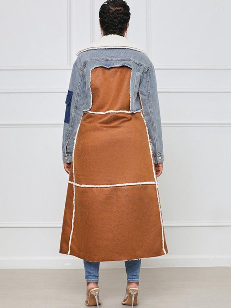 Women's Trench Coats Women's Woolen Coat Lapel Long Sleeve Loose Lace Up Waist Denim Patchwork Over Female Winter