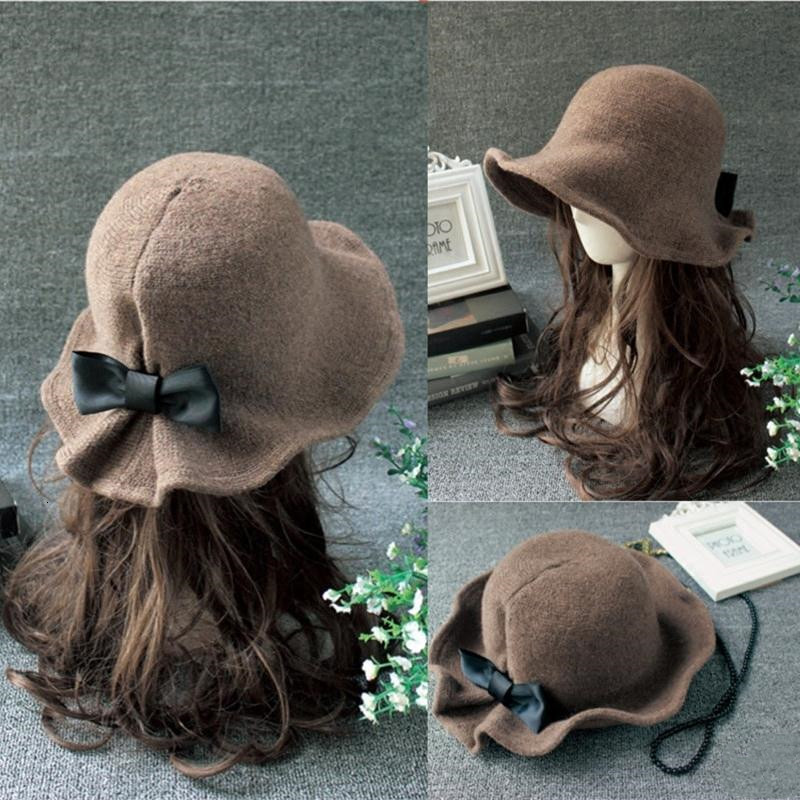 Wide Brim Hats Bucket Vintage Wool Ladies Bowler Fashion Bows Basin Fisherman Woman Winter Black Coffee Dark Camel 230105