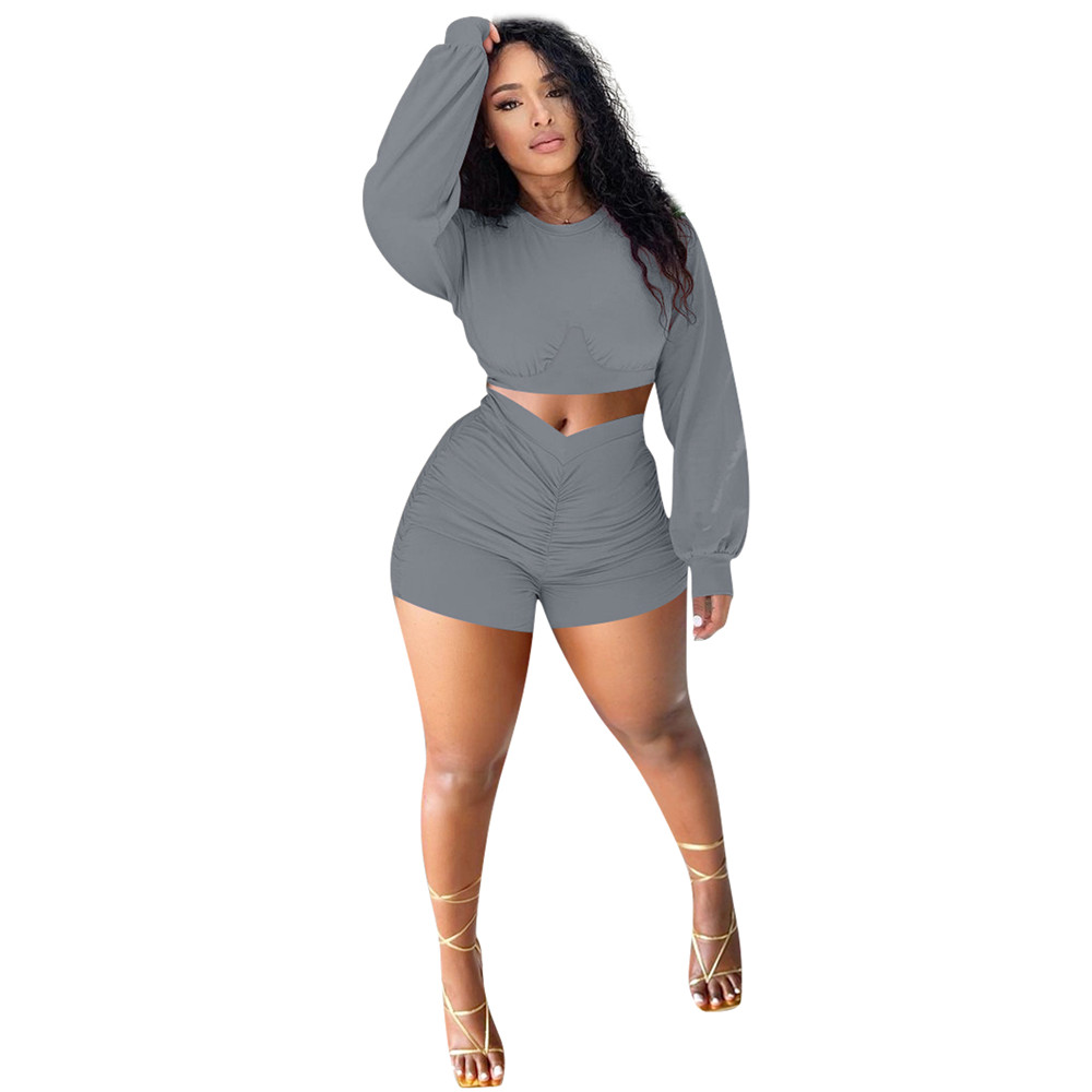 Spring Autumn Tracksuits Women Outfits Plus size 2XL Long Sleeve Pullover Crop Top and Shorts Two Piece Sets Casual Workout Sportswear Solid Sweatsuit