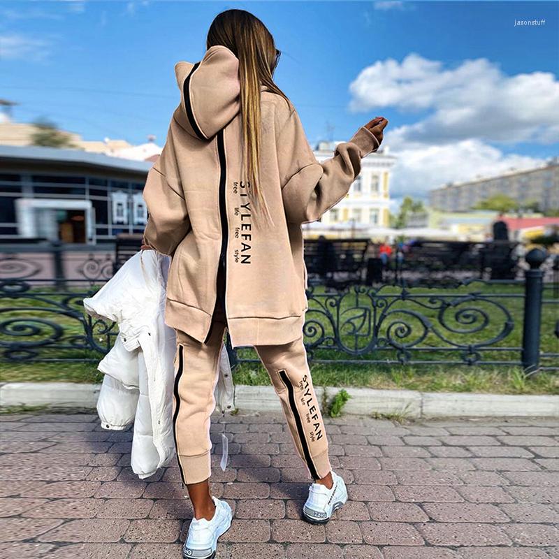 Women's Two Piece Pants Elegant Letter Print Back Zipper Loose Outfit Women Casual Long Sleeve Suit Fashion Hooded Sweatshirt & Sport