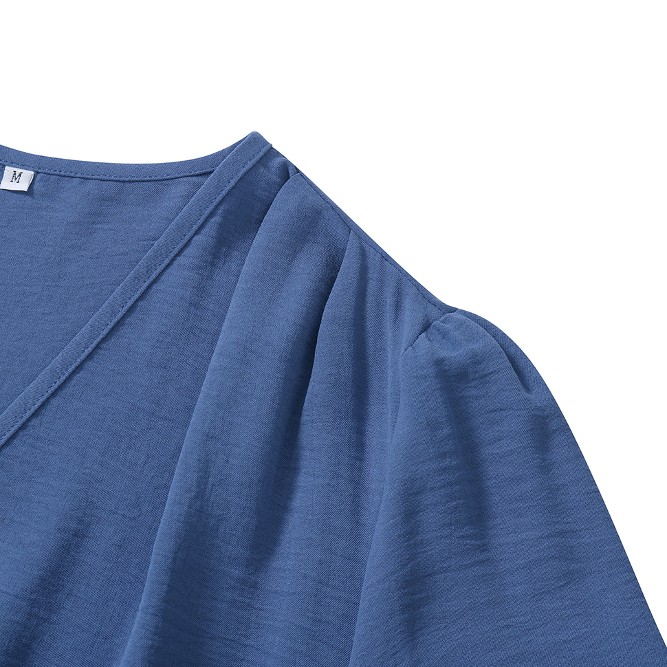 Summer Women Jumpsuit Casual Solid Color V Neck Baggy Long Sleeve Waist Tie Ruffle Hem Short Mini Dress Romper